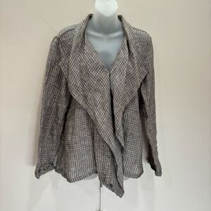 Flax Checkered Linen Long Sleeve Wrap Around Boho Lagenlook Cardigan small tan